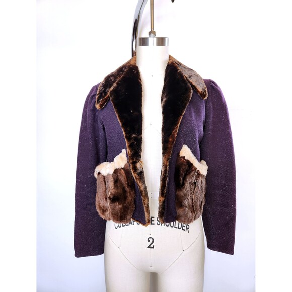 Vintage Wool & Fur Cropped Jacket Blazer Fall Winter Jacket with Fur Collar XS S - Picture 5 of 10